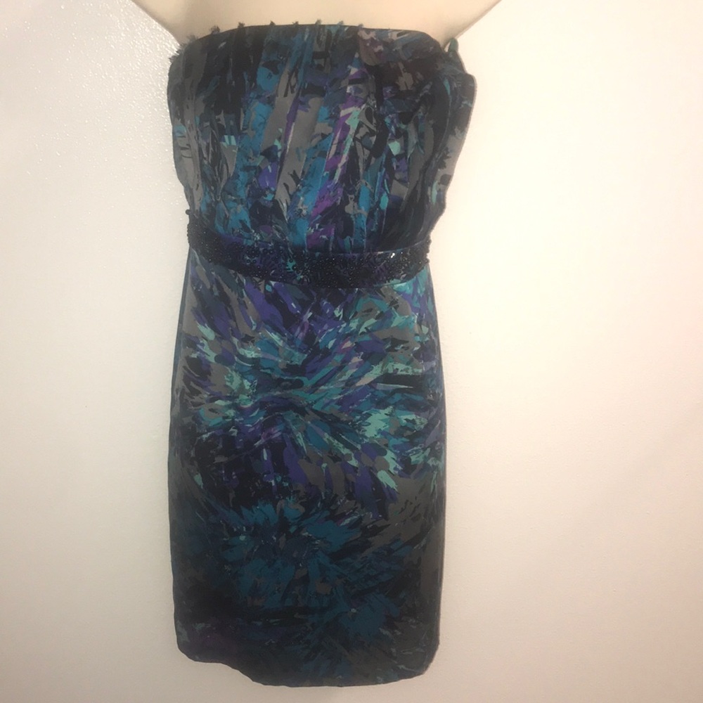 BCBG blue black and purple strapless dress